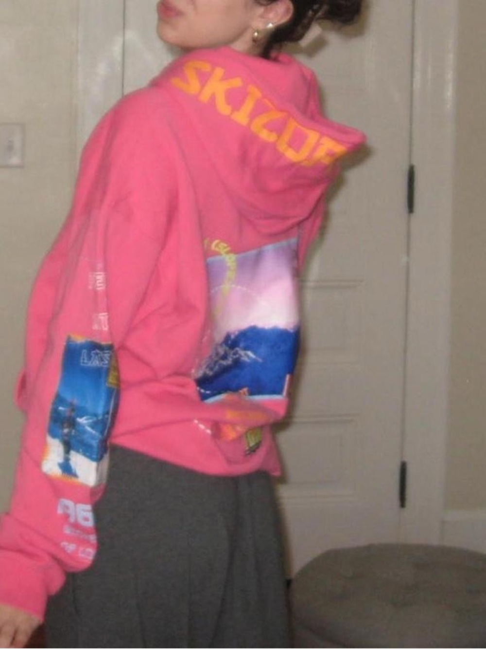 Womens Pink Graphic Hoodie - Ski Print